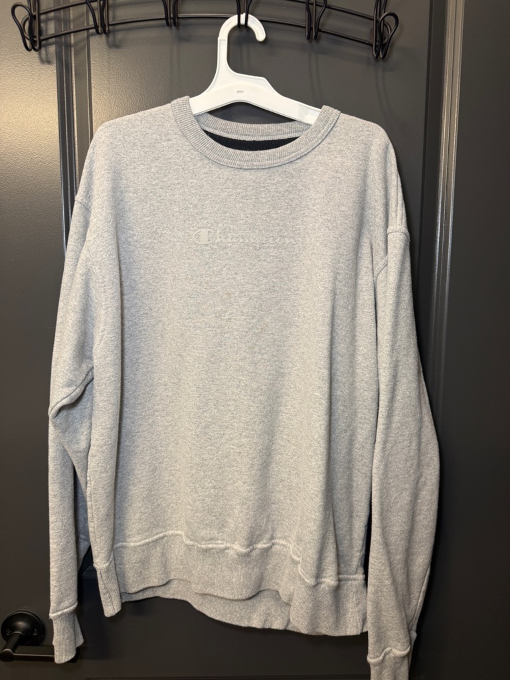 Champion Light Gray Crewneck Sweatshirt with Embroidered Logo